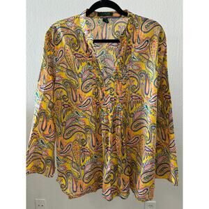 Lauren Ralph Lauren Top Blouse Plus Size 2X Paisley Print Cotton Yellow
